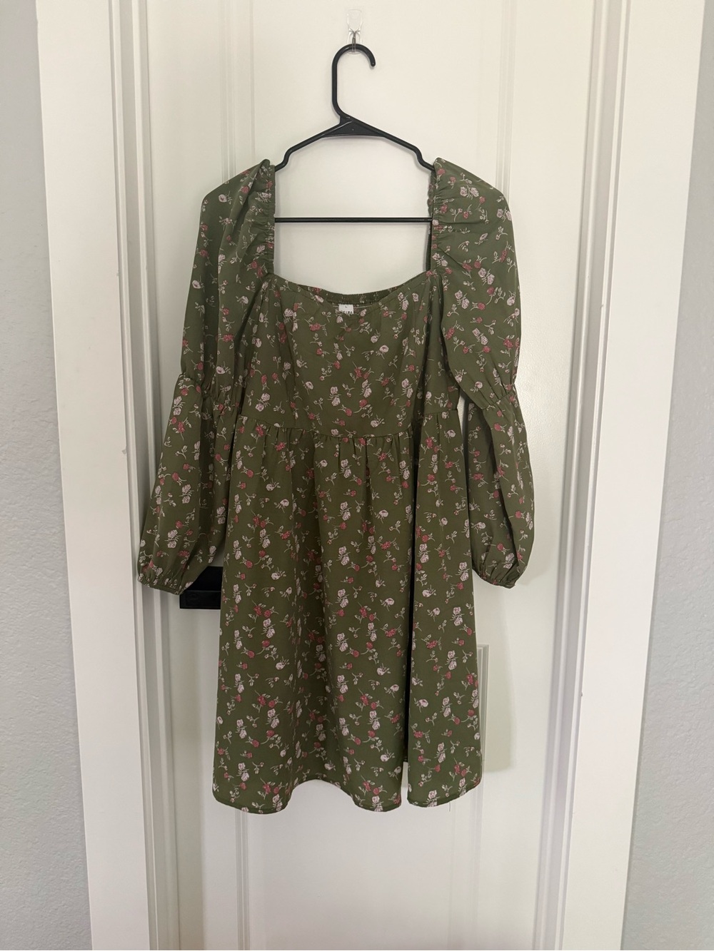 Olive Green Floral Square-Neck Dress with Puff Sleeves